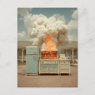 Cartão Postal Cena de Cozinha Vintage em Chamas ao Ar Livre