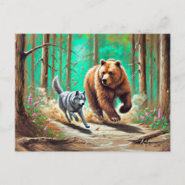 Cartão Postal Cena de Floresta Chalk de Wolf and Bear Chase Past