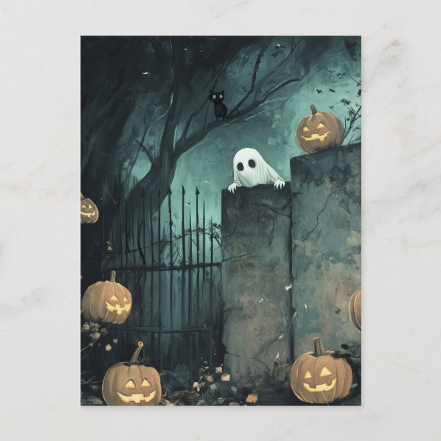Cartão Postal Cena de Halloween com Fantasma e Gato (Frente)
