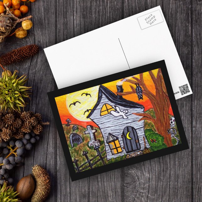 Cartão Postal Cena de Halloween Folk Art Hunted House (Haunted house with cemetery full moon ghost and bats with black border on postcard for Halloween.)