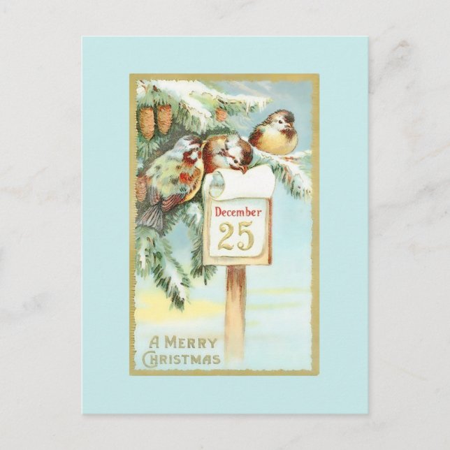 Cartão Postal Cena de Inverno Antiga com Pássaros nas Árvores (Frente)