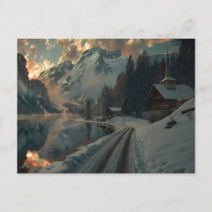 Cartão Postal Cena de inverno com edifícios em madeira