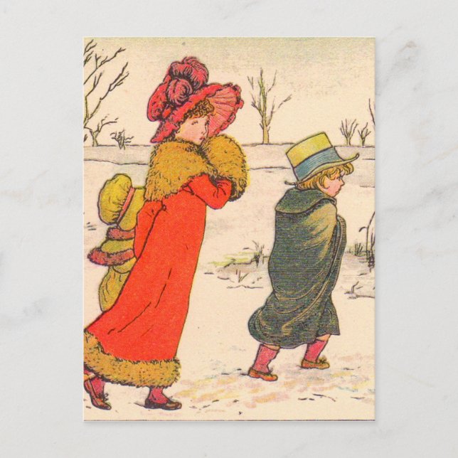 Cartão Postal Cena de inverno de Kate Greenaway (Frente)