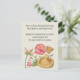 Cartão Postal Cena de jardim com flores, borboleta e cogumelo