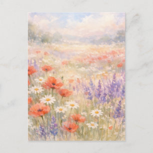 Cartão Postal Cena de Prado de Flores Silvestres em Aquarela