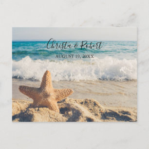 Cartão Postal Cena de praia de Casamento com Starfish Obrigado