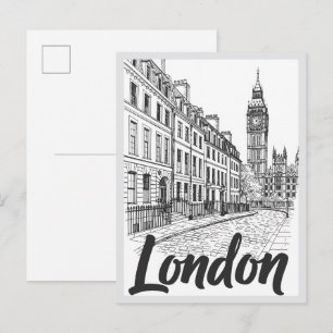 Cartão Postal Cena de rua emblemática de Londres desenhada à mão