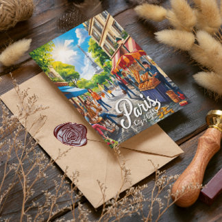 Cartão Postal Cena de Rua Parisiense com Torre Eiffel