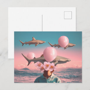 Cartão Postal Cena de Sonho Surrealista com Tubarões e Balões
