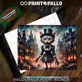 Cartão Postal Cena de terror com empregada louca e gato correndo