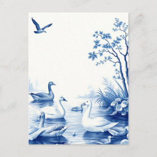 Cartão Postal Cena do Lago dos Cisnes Blue Willow
