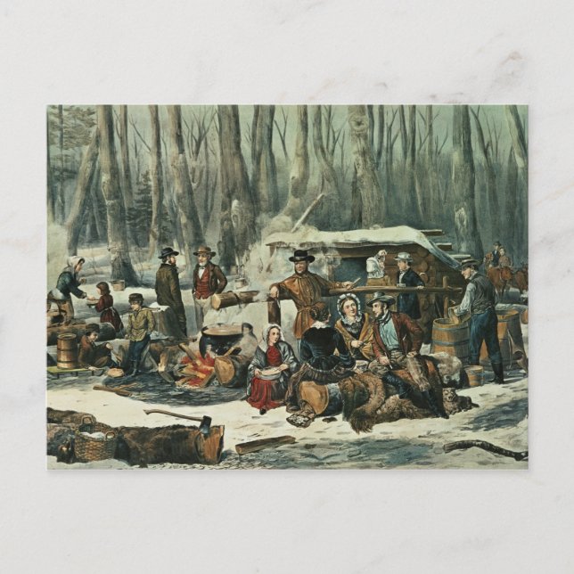 Cartão Postal Cena Florestal Americana - Maple Sugaring, 1856 (Frente)