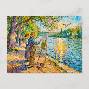 Cartão Postal Cena Impressionista de Pintor Ribeirinho com Parqu