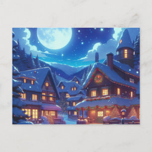 Cartão Postal Cena Noturna de Aldeia de Inverno no Estilo Anime