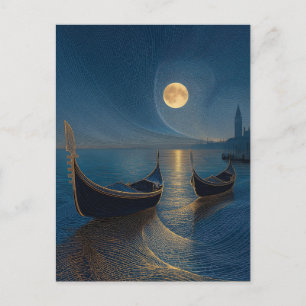 Cartão Postal Cena Noturna de Gôndolas Venezianas sob uma Lua Ch