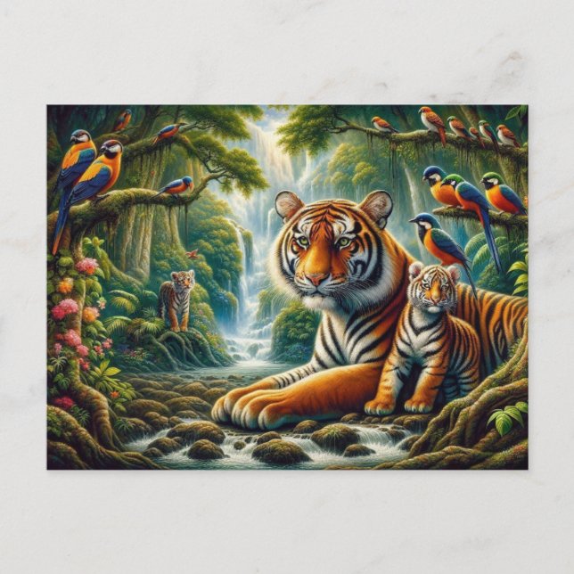 Cartão Postal Cena Pacífica de Selva com Pintura de Tigres (Frente)
