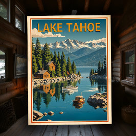 Cartão Postal Cena retrô do Lago Tahoe Paisagem da Natureza Rúst