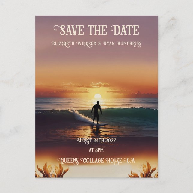 Cartão Postal Cena Romântica de Praia Sunset com Elegância Tropi (Frente)