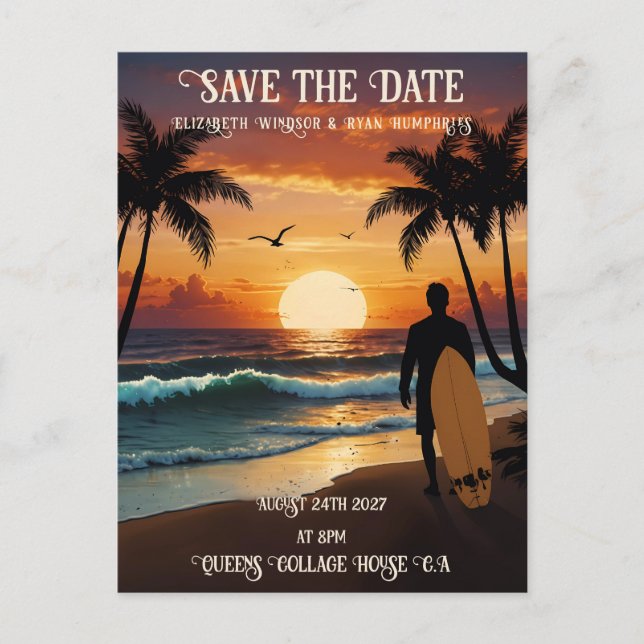 Cartão Postal Cena Romântica de Praia Sunset com Elegância Tropi (Frente)