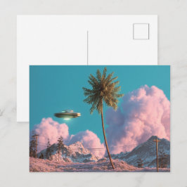 Cartão Postal Cena Surrealista de OVNI e Montanha com Palmeira