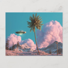 Cartão Postal Cena Surrealista de OVNI e Montanha com Palmeira