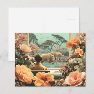 Cartão Postal Cena Surrealista de Safari com Elefantes Zebras