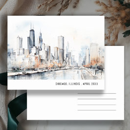 Cartão Postal Cena Urbana Chicago Illinois Aquarela Viagem