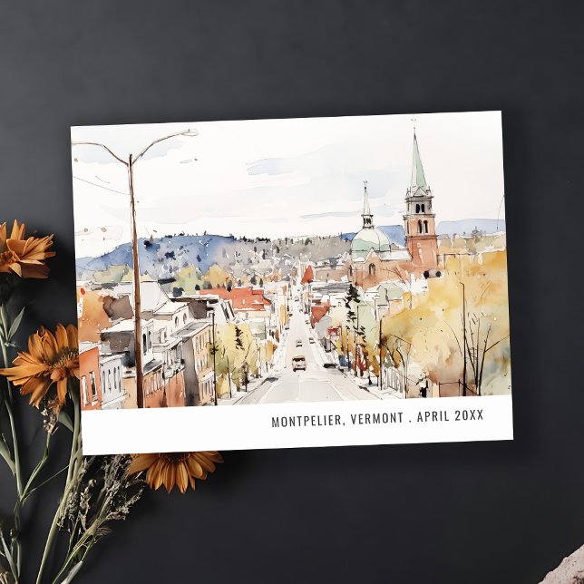 Cartão Postal Cena Urbana de Montpelier Vermont Aquarela Viagem (Criador carregado)