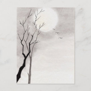 Cartão Postal Cenário clássico da lua noturna japonesa sumi-e
