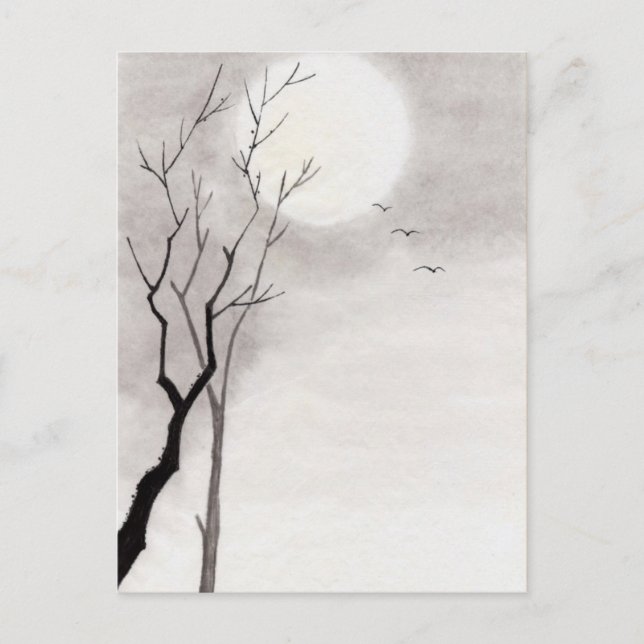 Cartão Postal Cenário clássico da lua noturna japonesa sumi-e (Frente)
