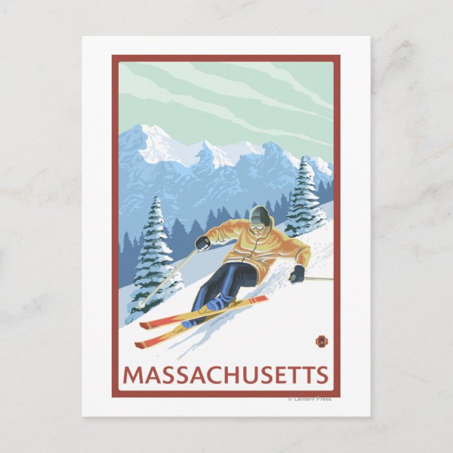 Cartão Postal Cenário de esquiador de MassachusettsDownhill (Frente)