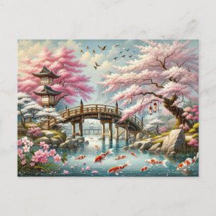 Cartão Postal Cenário japonês com ponte, carpas e árvores de sak