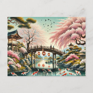Cartão Postal Cenário japonês com ponte, carpas e árvores de Sak