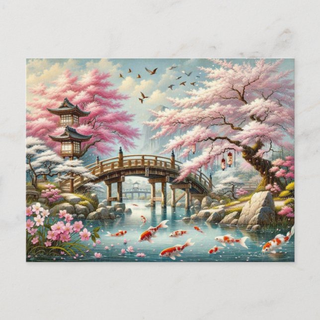 Cartão Postal Cenário japonês com Ponte, Koi e Sakura (Frente)