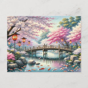 Cartão Postal Cenário japonês com Ponte, Koi e Sakura