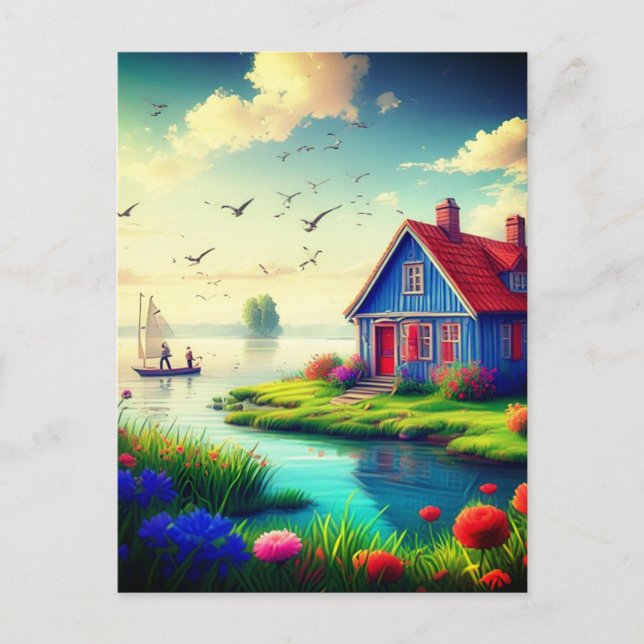 Cartão Postal Cenário natural com algodão e lago-434567 (Frente)
