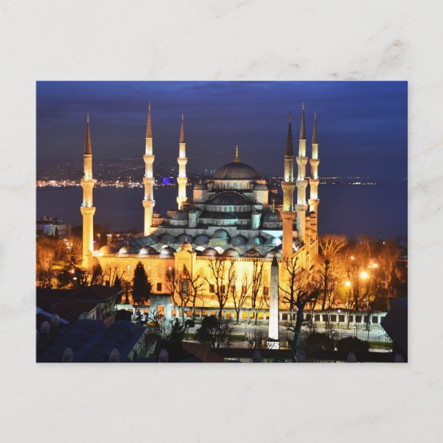 Cartão Postal Cenário Noturno da Mesquita Azul de Istambul Viage (Frente)