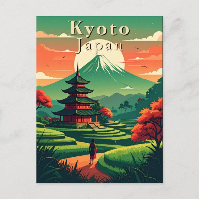 Cartão Postal Cenário retrô do Japão em Kyoto Pagode Montanha Fu (Frente)