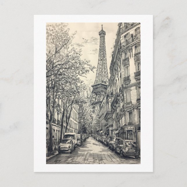 Cartão Postal Cenas de Paris Desenhadas à Mão (Frente)