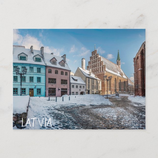 Cartão Postal Centro de cidade de inverno de neve em Riga, Letón (Frente)