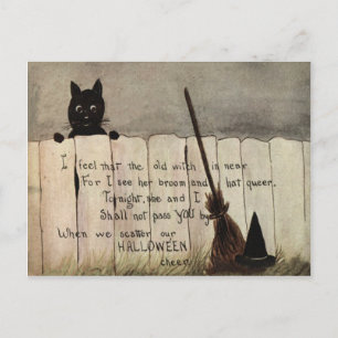 Cartão Postal Cerca de Gato Preto Vassoura de Bruxa Chapéu