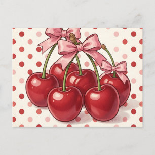 Cartão Postal Cerejas Vermelhas Doces Laços Rosa Pontos Polka Re