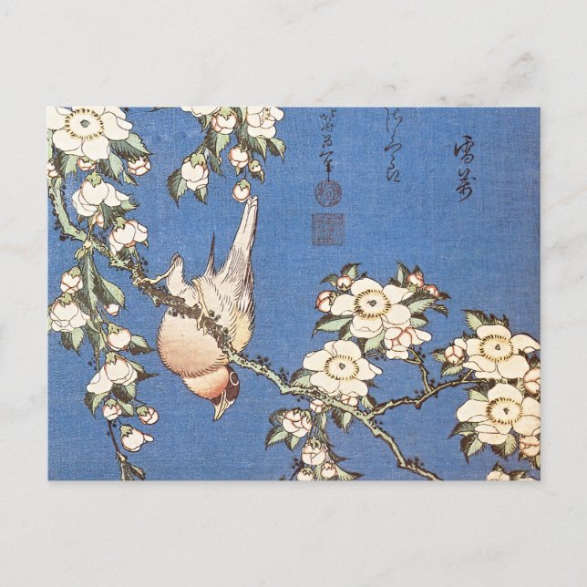 Cartão Postal Cerejeira Chorona e Pintassilgo por Hokusai (Frente)
