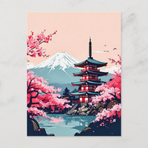 Cartão Postal Cerejeiras Japonesas e Pagode com Monte Fuji