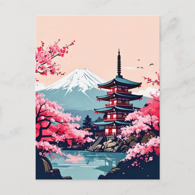 Cartão Postal Cerejeiras Japonesas e Pagode com Monte Fuji (Frente)