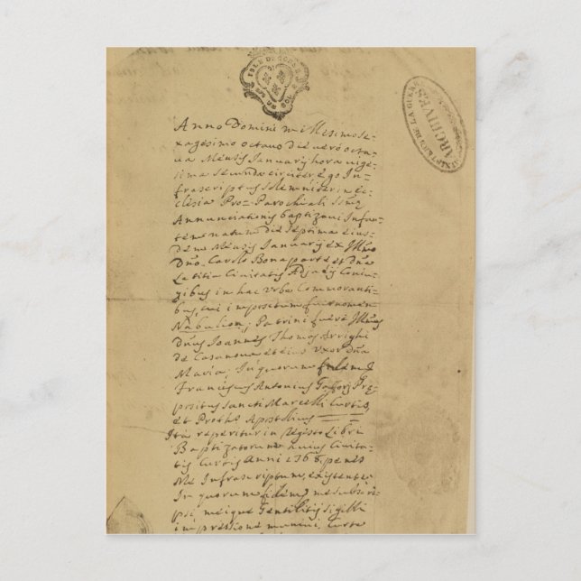 Cartão Postal Certificado de Nascimento de Napoleão, 1769 (Frente)