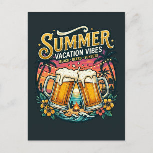 Cartão Postal Cervejas na Praia e Pôr do Sol - Festa de Férias d