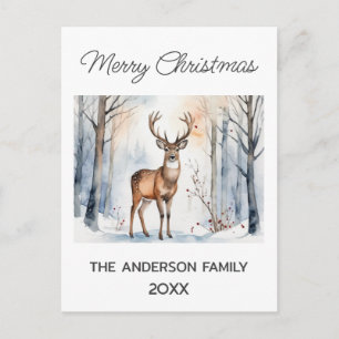 Cartão Postal Cervos Na Floresta Nevada Árvores De Natal Aquarel