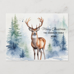 Cartão Postal Cervos na Floresta Nevada Árvores de Natal Aquarel