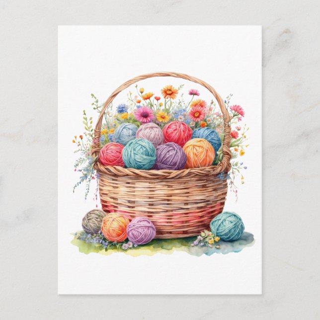 Cartão Postal Cesta de aquarela com bolas de fio e flores  (Frente)